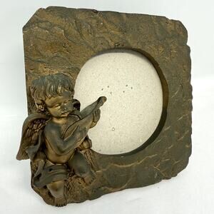 Cherub Playing Lute Angel Picture Frame Gold Rustic Stone Retro Vintage Style